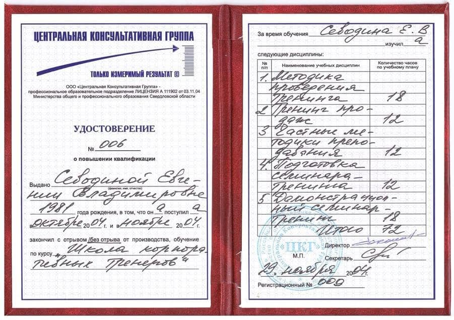 Диплом и сертификаты психотерапевта Евгении Севодиной