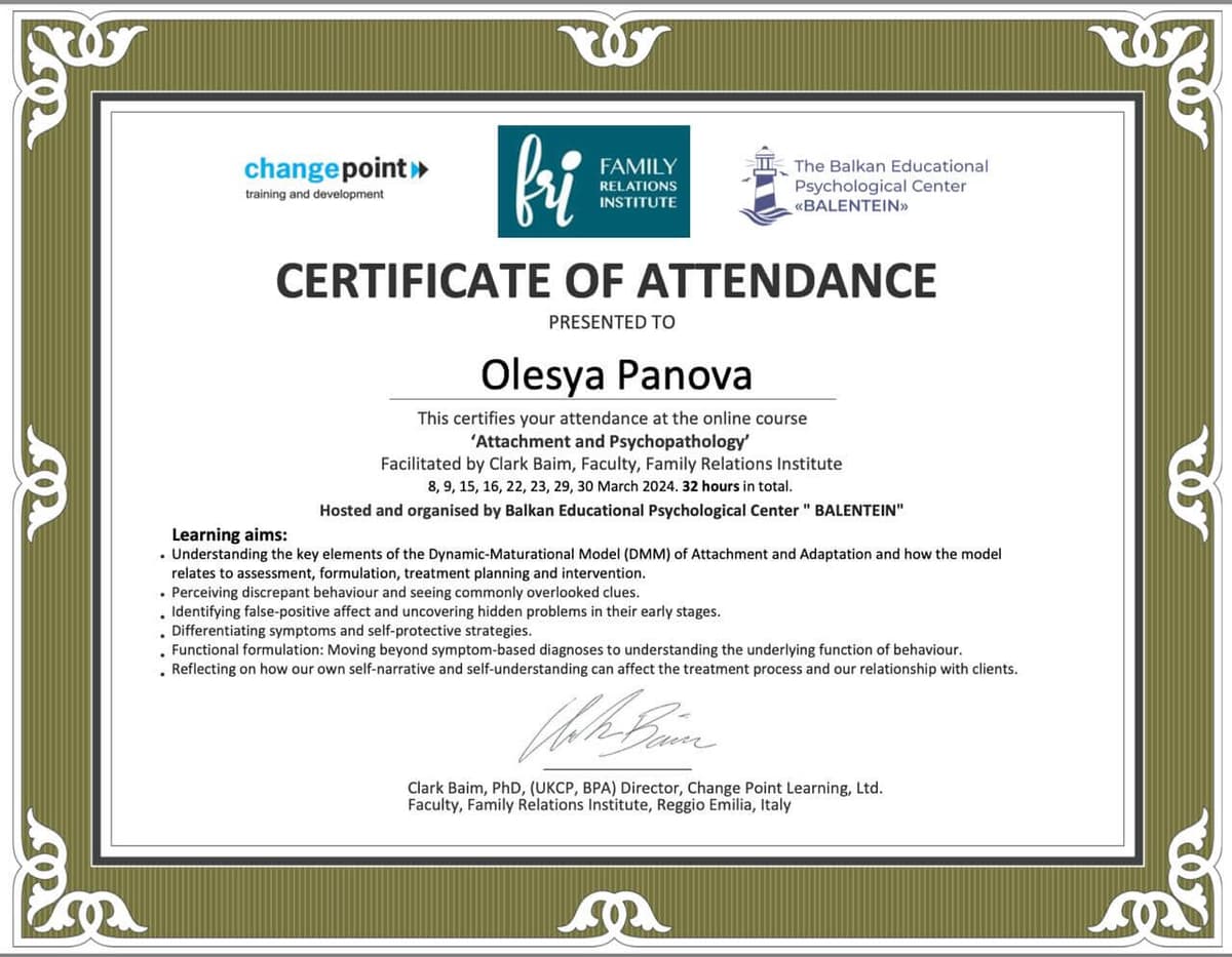Диплом и сертификаты психотерапевта Олеся Панова